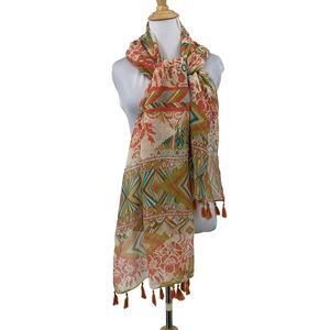 Charming Charlie Sheer Scarf Womens 70" X 26" Floral Print Tassel Fringe Wrap